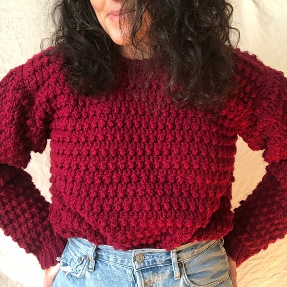 Vtg Hand Knit Bobble Pompom Popcorn Wool Sweater - Picture 8 of 16